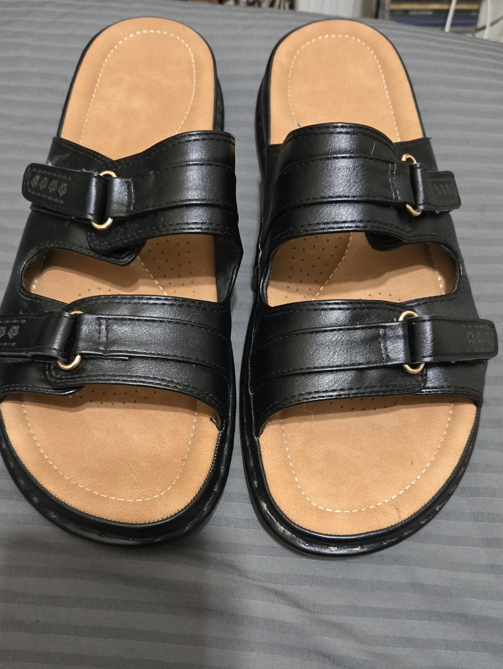 Black Double-Strap Slide Sandals with Cushioned Tan Footbed